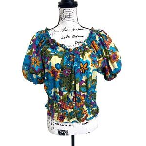 Jennifer + Grace Women's Size M Top Colorful Cotton Puff Sleeve Tropical